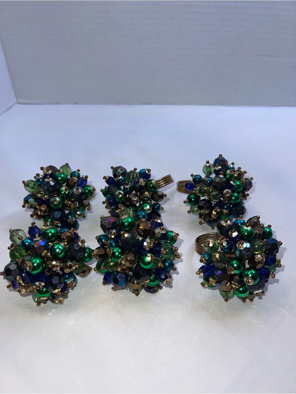 Pier 1 Beaded PEACOCK Napkin Rings Green Purple Gold Set of 6